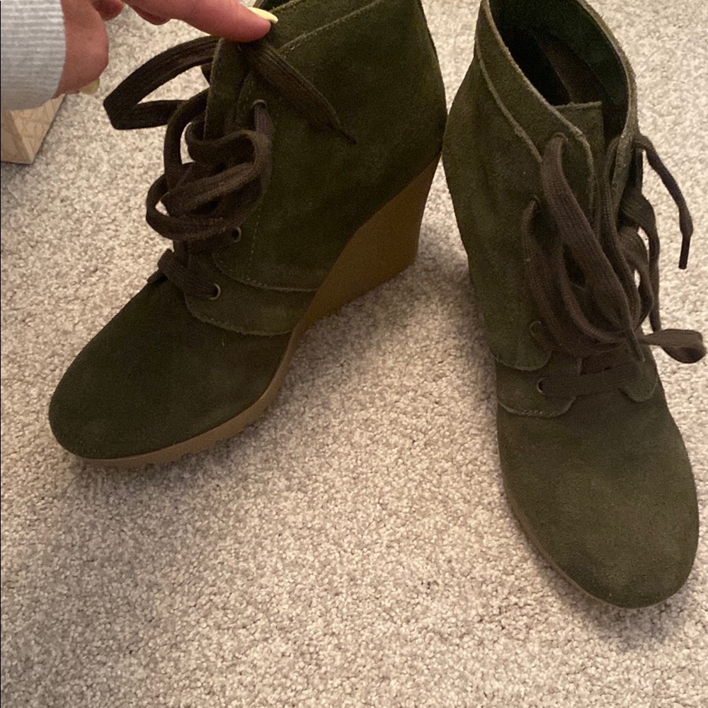Olive Green Suede Wedge Ankle Boots
